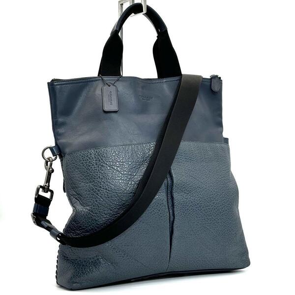 コーチ COACH トートバッグ 2way ショルダー フォルドオーバー 青 ブルー レザー A4収納可 大容量