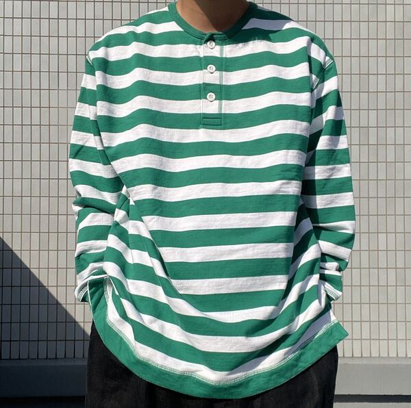 LAND'S ENDボーダー柄ヘンリーネックTシャツ?L VINTAGE