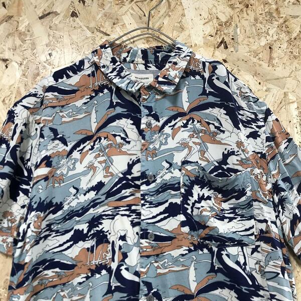 アロハシャツ 柄シャツ メンズM くすみブルー e11