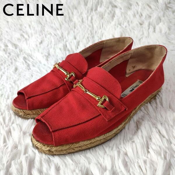 『高級良品』 CELINE セリーヌ ホースビット エスパドリーユ シューズ 靴 フラットシューズ レッド×ゴールド金具 23cm