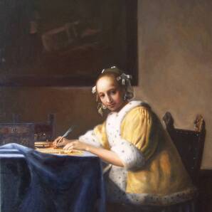 商品商品実物の写真です【模写】フェルメール『手紙を書く女』本物の油絵による複製画 ほぼ原寸F8号 絵画 油彩画