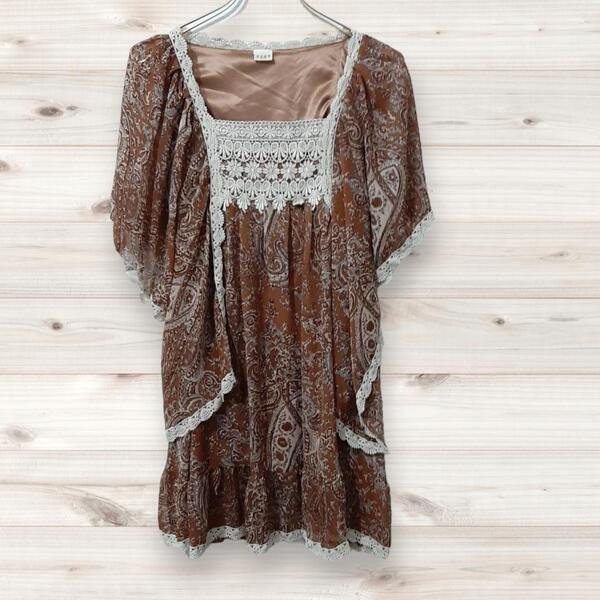 D0032【アクシーズファム|axes femme】ひざ丈ワンピース 半袖(M) 総柄 ペイズリー柄