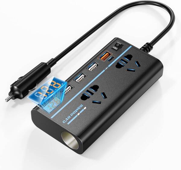 インバーター カーインバーター DC12VをAC110Vに変換 コンバーター 電圧表示 シガーソケット 8ポート 車載用充電器 超軽量 コンバーター 車