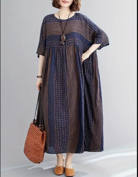 新品 大きいサイズ 2XL~4XL(ワンサイズ) フリーサイズ ワンピース ストライプ ドット柄 ゆったり 体型カバー ロングワンピ