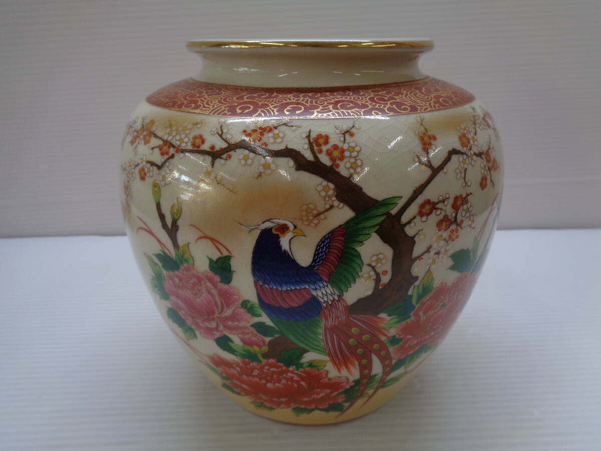 * Kutani .. Kutani цветная роспись золотая краска цветы и птицы . ваза для цветов цветок входить орнамент . цветок сырой цветок основа высота 18.5cm Ishikawa префектура *b