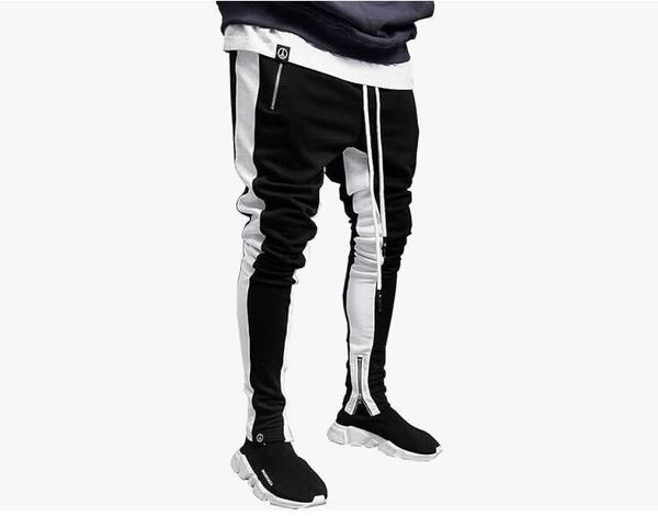 ジョガーパンツ メンズ スキニー ファスナー付き トレーニングパンツ ロングパンツ スウェットパンツ カジュアル Lサイズ ブラック×白