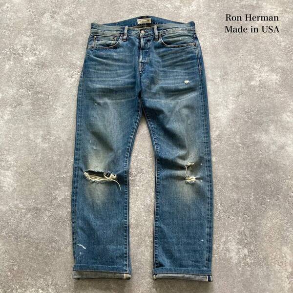 【Ron Herman / ロンハーマン】 デニムパンツ ジーンズ 赤耳セルビッチ ダメージ加工 ペイント加工 USA製 アメリカ製 レザーパッチ (W30)