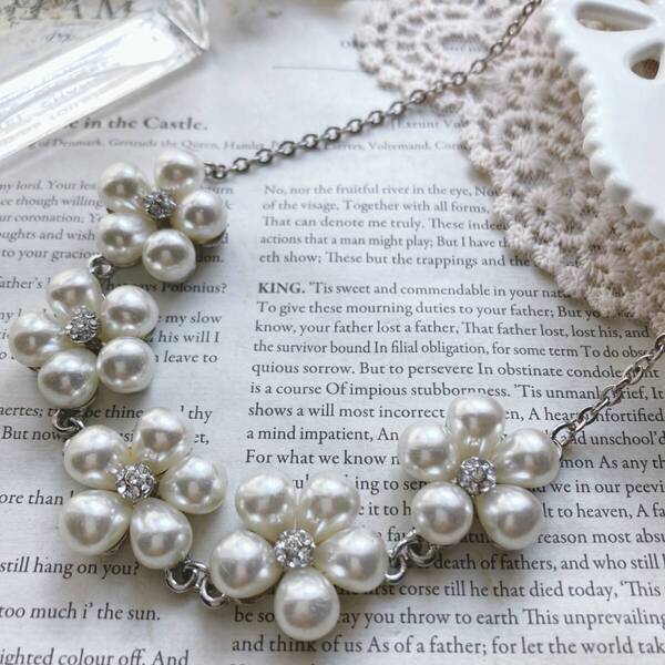 ドレスジュエリー パールネックレス ショート フラワー ダイヤ調 シルバー 美品 NS刻印☆japan Vintage jewelry accessoriesk0824