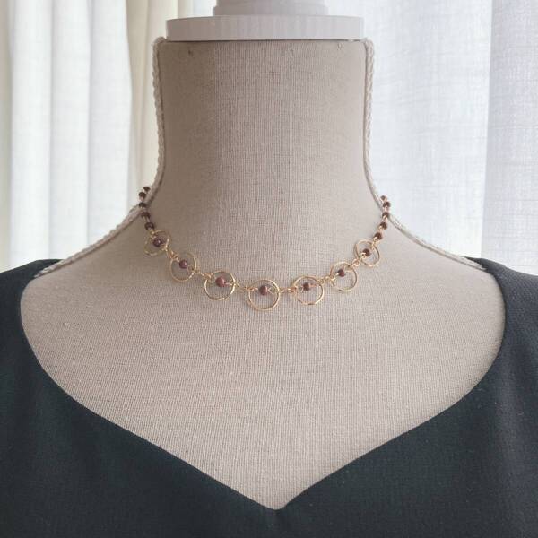 ネックレス ショート リング チェーン ゴールドカラー ブラウン 美品☆Vintage jewelry accessoriesk0887
