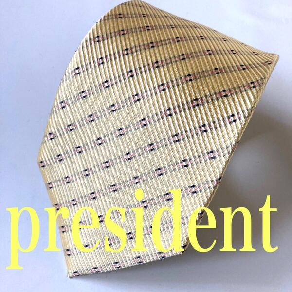 ネクタイ PRESIDENT 日本製 SILK 微光沢 ジャガード織 イエロー系 ドット柄 上品 ビジネス スーツ 即決