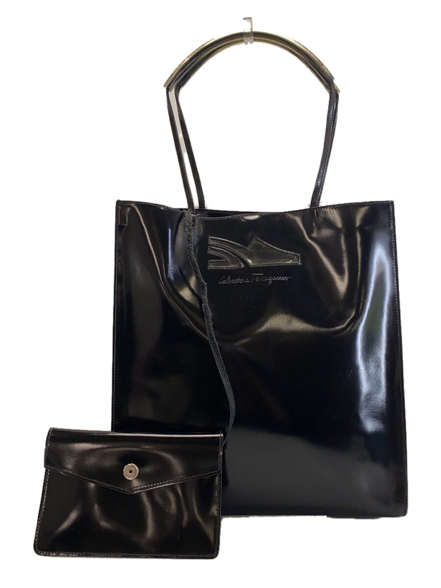 Salvatore Ferragamo◆トートバッグ/エナメル/BLK/BV-216234/持ち手変色