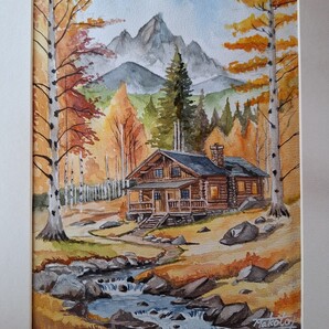 水彩画 秋の山小屋