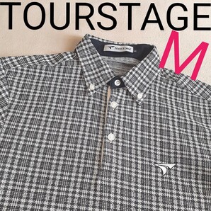 【超美品】TOURSTAGE ツアーステージ ボタンダウン シャツ ポロシャツ 半袖 軽量 サラサラ生地 濃グレー ゴルフ チェック柄 メンズM