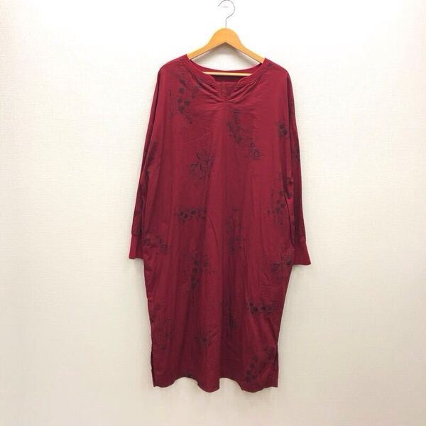 【な006】Live in comfort 花柄ワンピース 3Lサイズ レッド 長袖 ロング丈 薄地 ゆったり 大きいサイズ ブランド古着 フェリシモ 送料無料