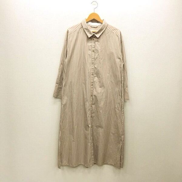【な011】SENSE OF PLACE URBAN RESEARCH ストライプ柄ワンピース フリーサイズ ベージュ 長袖 ロング丈 前開き ブランド古着 送料無料