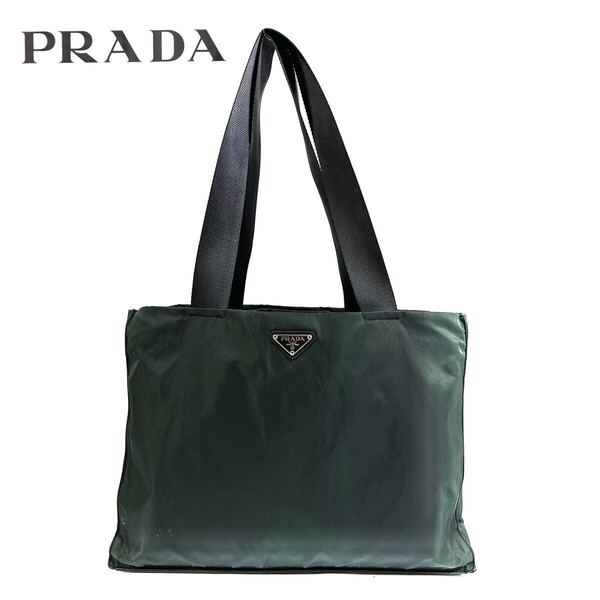 【希少品】PRADA プラダ テスート ナイロン レザー 大容量 肩掛け ハンドバッグ トートバッグ オリーブ 三角プレート イタリア製