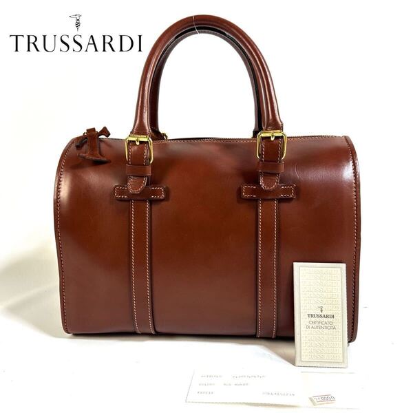 【美品】TRUSSARDI トラサルディ レザー ミニ ボストンバッグ ハンドバッグ 本革 ブラウン イタリア製 ギャランティカード付き 定価7.8万円