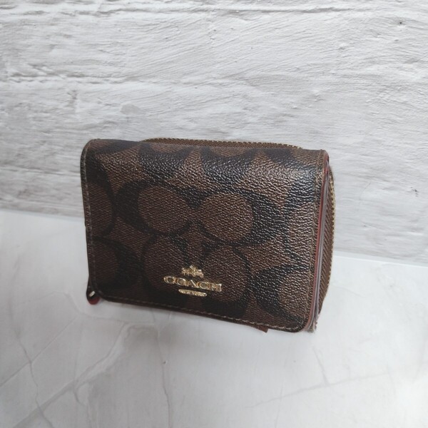 コーチ 三つ折り財布 レザー シグネチャー ミニ財布 小銭入れ付き ブラウン コンパクト COACH 送料無料