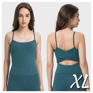 グリーンXLサイズ カップ付きタンクトップ スポーツブラ単品 トップス ピラティス ヨガウェア ブラトップ バッククロスデザイン