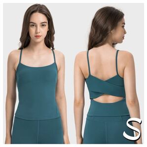 グリーンSサイズ カップ付きタンクトップ スポーツブラ単品 トップス ピラティス ヨガウェア ブラトップ バッククロスデザイン