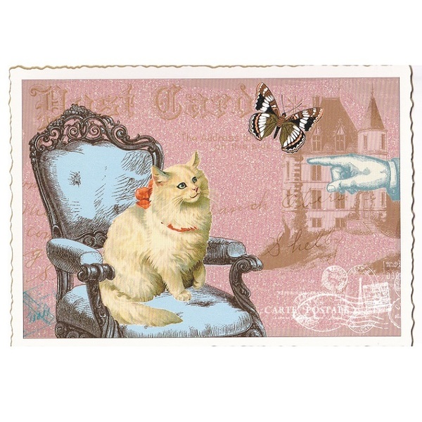 椅子の上の猫 ドイツ 製 ポストカード ラメ グリーティングカード 絵はがき アンティーク調 ネコ ねこ 子猫 小物 雑貨 絵はがき パタミン