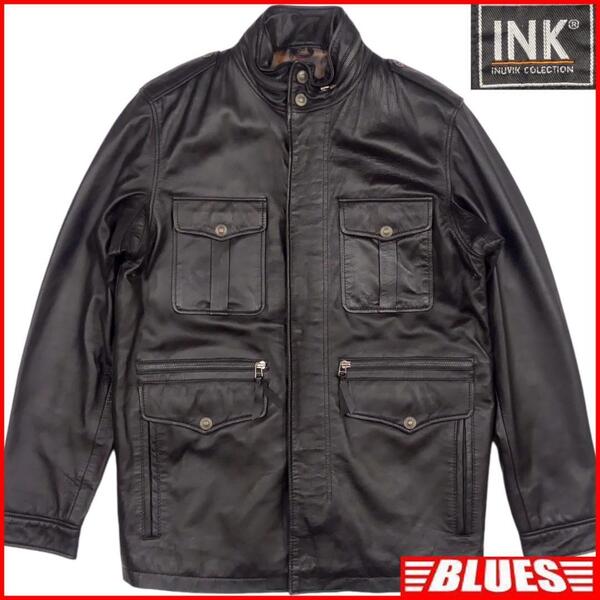 即決★INK★メンズ L レザージャケット インク 黒 本革 ブルゾン 皮 ジャンパー 革ジャン ステンカラー ライダース 革ジャン ハーフコート
