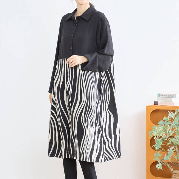 新品☆L〜LL シャツ ワンピース 大きいサイズ レディース 曲線 ストライプ切替 ポケット付き 長袖 秋冬 ワンピ /ブラック 黒/12643154