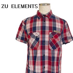 【美品】ZU ELEMENTS ズーエレメンツ【M】メンズ トップス 半袖 チェックシャツ レッド系 綿100% 送料無料 匿名配送