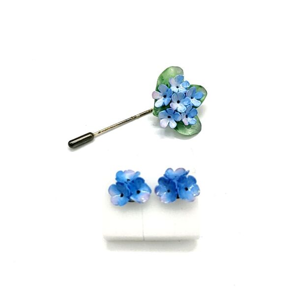 【中古】ピンブローチ 両耳ピアス セット あじさい 紫陽花 SV925 SILVER 陶器 ブルー×グリーン【送料無料/匿名配送】
