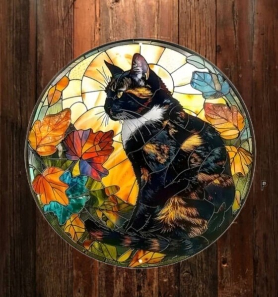 猫の壁飾り メタルウォールアート サビ猫と花B ステンドグラス 猫の雑貨 HANAKO