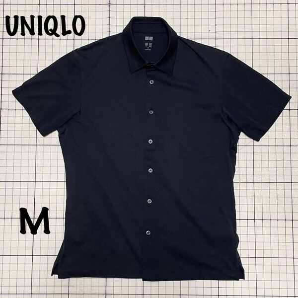 良品 ユニクロ【UNIQLO】半袖ボタンポロシャツ フルオープン エアリズムジャージー ドライ クール Mサイズ ブラック/黒 AIRism 341-425770