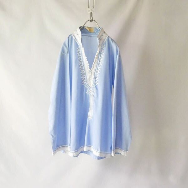 Made in 70s vintage morocco blue embroidery tops モロッコ製 70年代 ヴィンテージ 水色 白刺繍 トップス
