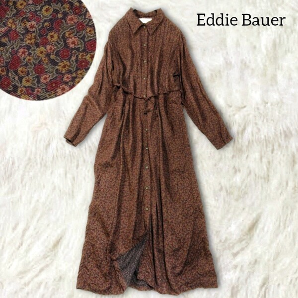 8 【Eddie Bauer】 エディーバウアー 花柄 ロングワンピース シャツワンピース S ブラウン 茶色 小花柄 レトロ 総柄 長袖 春 夏 秋 ベルト