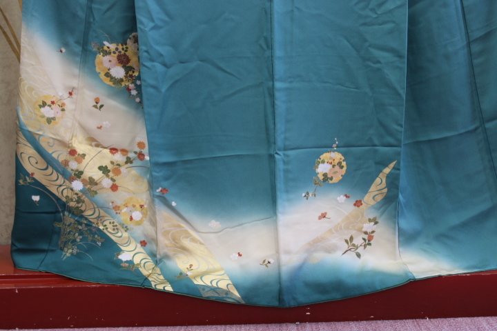 きもの今昔7548 付け下げ訪問着 広衿袷手縫仕立 正絹梨地繻子生地に近い 鉄紺色地色ピース加工柄 身丈158cm きもの今昔7548 付け下げ訪問着 広衿袷手縫仕立 正絹梨地繻子生地に近い 鉄紺色地色ピース加工柄 身丈158cm