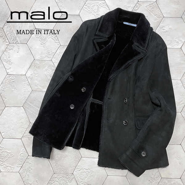 ◆定価60万円 マーロ イタリア製【malo】羊革 ダブルフェイス ふかふか 最高級ムートンPコート 黒 46◆