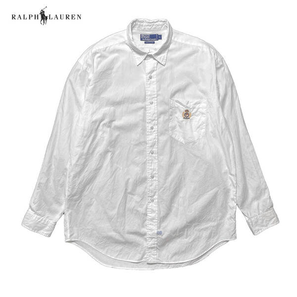 USA 古着 90S ポロ バイ ラルフローレン コットン 刺繍ロゴ 長袖シャツ メンズL ホワイト 白シャツ Polo by Ralph Lauren 白色 中古 BG0770