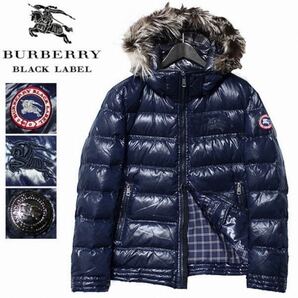 希少XL 極美品 バーバリーブラックレーベル ホースワッペン ノバチェック リアルファー 3WAY ダウンジャケット LL 紺 BURBERRY BLACK LABEL