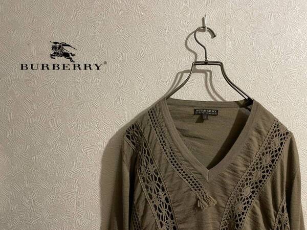 ◯ イタリア製 BURBERRY ランダム レース ニット / バーバリー ウール シルク Vネック グレー L Ladies #Sirchive