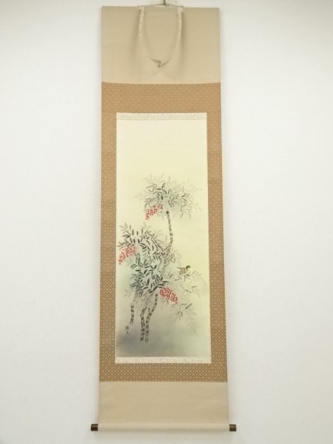 ［美品］掛軸 南天 楽天市場】掛け軸 掛軸 南天に雀 なんてんにすずめ 幅44.5×高さ