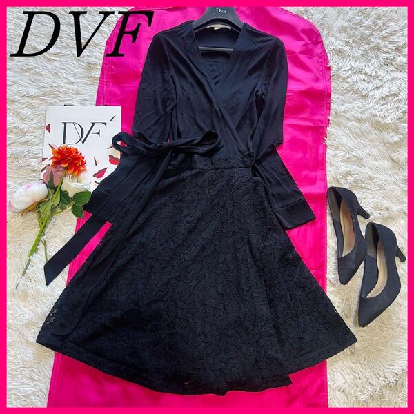 【美品】DIANEvonFURSTENBERG ラップワンピース ブラック 4 ダイアンフォンファステンバーグ L