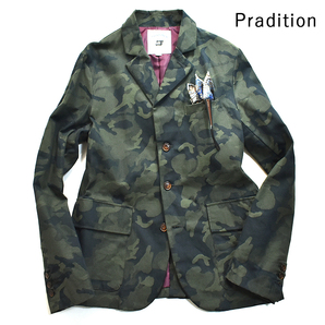 【美品】 日本製 PRADITION 圧倒の存在感◆ コットン100% 迷彩柄 テーラードジャケット メンズL タイト スリム プラディション カモフラ柄