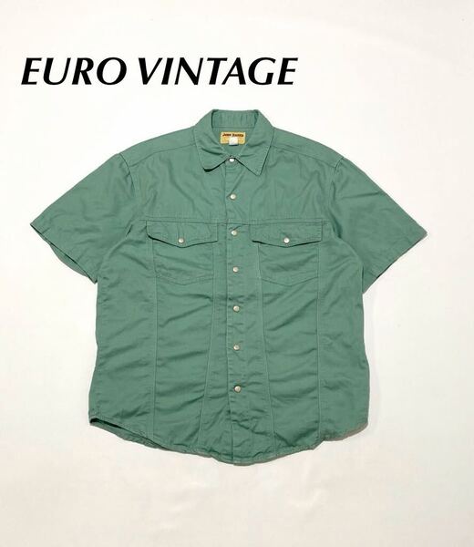 80’s~90’s ユーロビンテージ JOHN BANER ワークシャツ エメラルドグリーン系 L スナップボタン☆vintage 古着 激安 大量出品中
