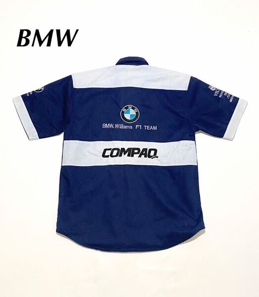 BMW 贅沢 刺繍 レーシングシャツ F1チーム オフィシャル ワーク ネイビー×ライトブルー☆ビンテージ vintage古着 激安 大量出品中