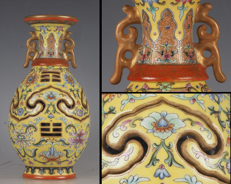中国古美術 五彩山水文角花瓶 在銘 共箱XG:2-22 美術品