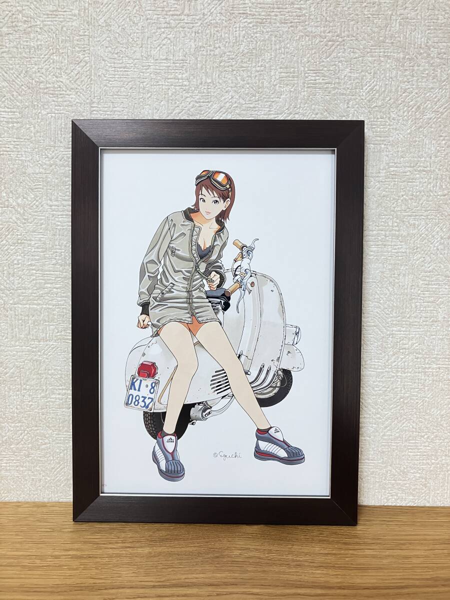 人物画 油絵 江口寿史 女の子とバイク F6号 額付き 手描き 肉筆