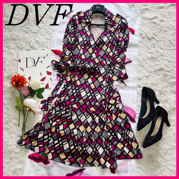 【美品】DIANEvonFURSTENBERG 膝丈ワンピース シルク 2 M ダイアンフォンファステンバーグ