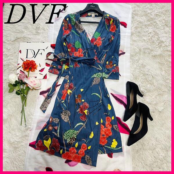 【美品】DIANEvonFURSTENBERG ラップワンピース 膝丈 ブルー ダイアンフォンファステンバーグ