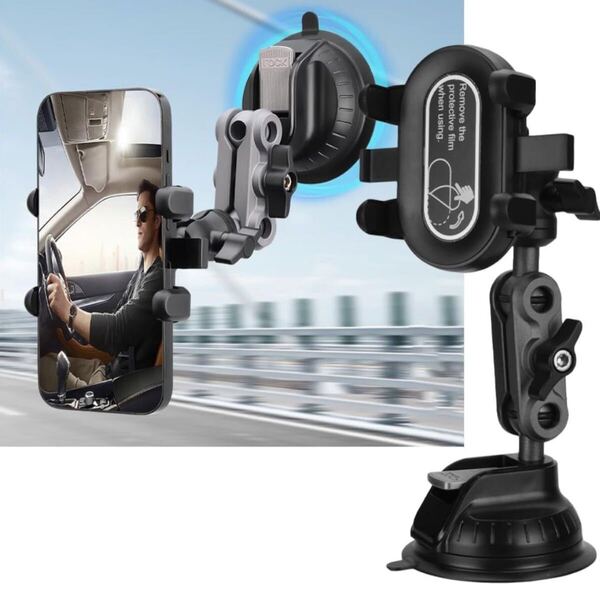 【新品】車 スマホホルダー 3段クリップ式+3軸機械式伸縮アーム 360°回転 強力真空吸盤 4.7~7インチ携帯電話対応 99%車種対応