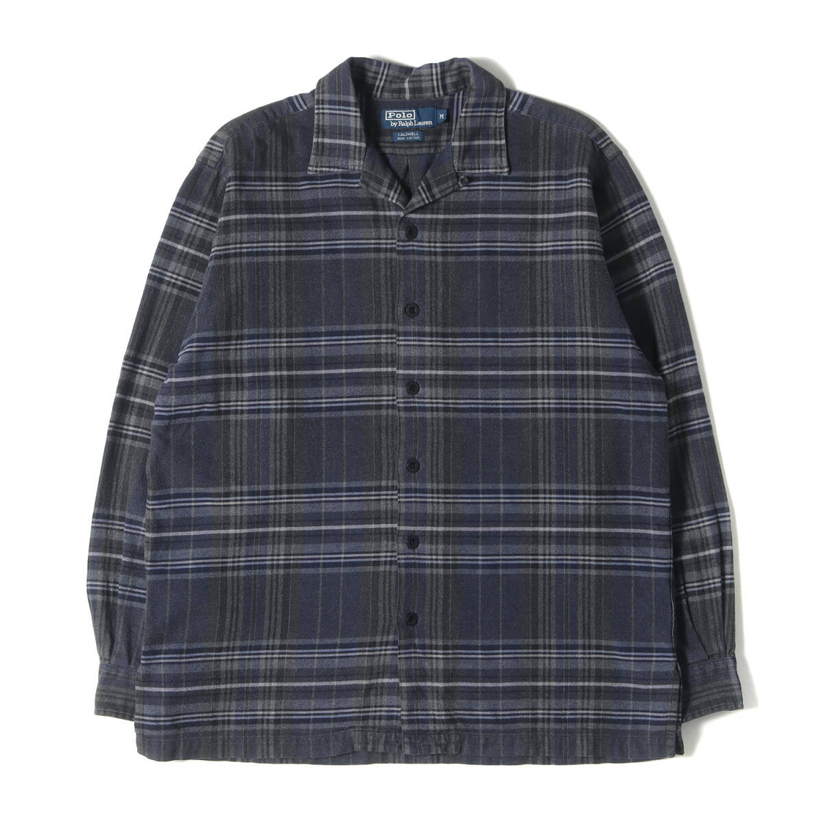 POLO Ralph Lauren ポロ ラルフローレン シャツ サイズ:M 90s チェック オープンカラー フランネルシャツ CALDWELL 90年代 ネイビー