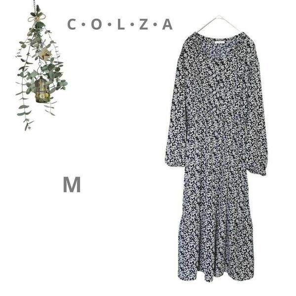 【コルザ ハニーズ】シフォン 長袖ロングワンピース フレア 花柄 黒 M
